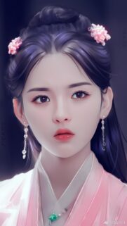Beautiful Digital Illustration of a Traditional Chinese Maiden with Pink Floral Hairpins Mobile Wallpaper