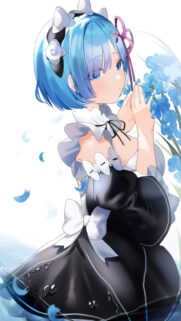 Stunning Rem Re Zero Anime Girl with Blue Flowers Aesthetic Wallpaper for Mobile