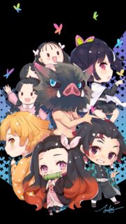 Cute Chibi Demon Slayer Group Wallpaper featuring Tanjiro Nezuko Inosuke and Zenitsu