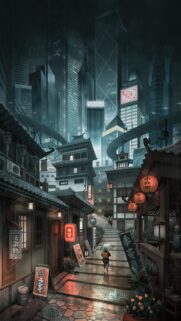 Rainy Night Cyberpunk City Anime Wallpaper Featuring Traditional Japanese Architecture and Modern Skyscrapers