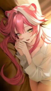 Stunning Anime Girl with Pink Cat Ears and Golden Eyes High Quality Mobile Wallpaper
