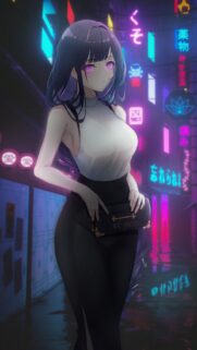 Neon City Anime Girl Wallpaper with Glowing Purple Eyes and Cyberpunk Street Aesthetic