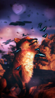 Magical Fox Surrounded by Glowing Butterflies Enchanted Sunset Wallpaper