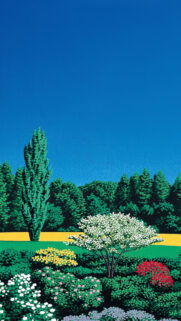 Vibrant Spring Garden Landscape Art Mobile Wallpaper with Bright Blue Sky and Colorful Blossoms