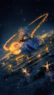 Anime Girl Holding a Glowing Celestial Orb Wallpaper for Mobile