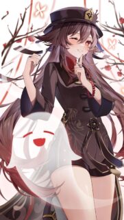 Cute Hu Tao Genshin Impact Anime Girl Wallpaper with Spirit Companion