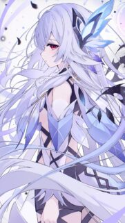 Ethereal Silver Hair Anime Girl with Glowing Red Eyes Wallpaper