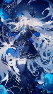 Ethereal Anime Girl with Flowing White Hair and Gothic Blue Outfit Mobile Wallpaper