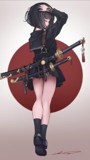 Anime Girl with Katana Swords Mobile Wallpaper Aesthetic Red Circle Background