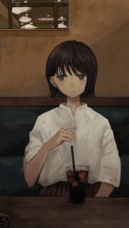 Melancholic Anime Girl Drinking Iced Coffee Aesthetic Wallpaper
