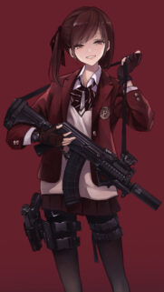 Cute Anime Girl with Tactical Gear and Rifle Maroon Background Wallpaper