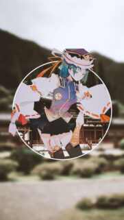 Anime Girl in Traditional Outfit with Temple Background Phone Wallpaper