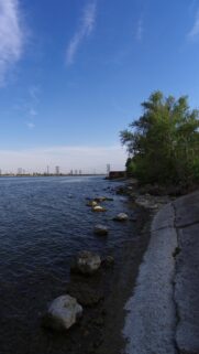 Scenic Riverbank Landscape with Clear Blue Sky High Resolution Mobile Wallpaper