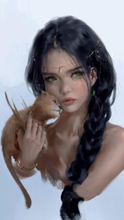 Beautiful Digital Art Portrait of a Girl Holding a Cute Winged Kitten Wallpaper