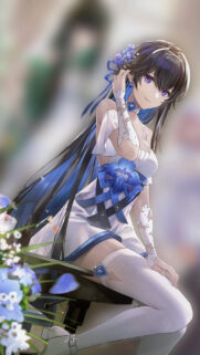 Beautiful Anime Girl in White and Blue Floral Dress Wallpaper for Mobile