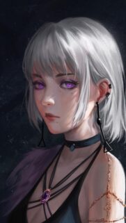 Mystical Anime Girl with Glowing Purple Eyes and Silver Hair Portrait Wallpaper