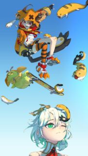 Anime Girl Skater and Fantasy Creatures High Quality Wallpaper