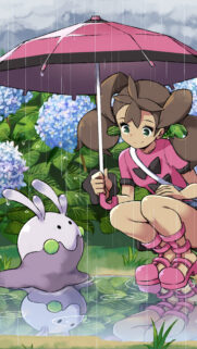 Cute Anime Girl with Goomy Pokemon in Rainy Hydrangea Garden Wallpaper