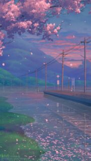 Aesthetic Anime Scenery With Cherry Blossoms and Flooded Train Tracks Wallpaper