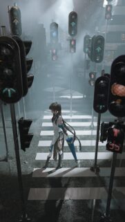 Anime Girl Crossing Rainy Street with Glowing Traffic Lights Wallpaper