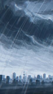 Aesthetic Rainy City Skyline Art with Moody Clouds Mobile Wallpaper
