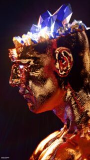 Surreal Golden Human Bust with Glowing Blue Crystals Artistic Mobile Wallpaper