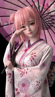 Anime Girl in Floral Kimono with Pink Umbrella High Quality Mobile Wallpaper