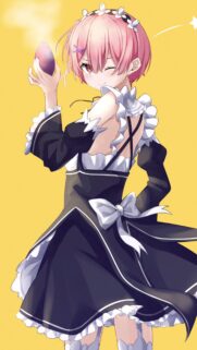 Ram Re Zero Maid Anime Girl Holding Steaming Potato Yellow Background Wallpaper