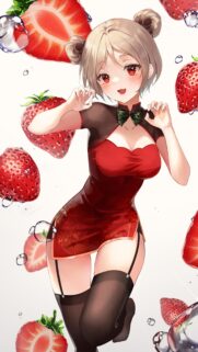 Cute Anime Girl in Red Cheongsam with Fresh Strawberries High Quality Wallpaper