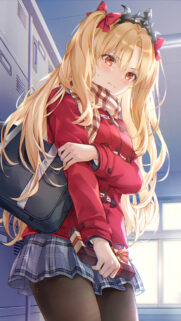 Anime Girl with Long Blonde Hair Holding Chocolate Wallpaper in High Definition