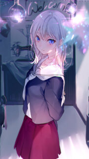 Beautiful Anime Girl with Glowing Blue Eyes and Silver Hair Wallpaper