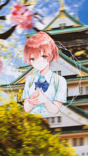Anime School Girl in Front of Japanese Castle Mobile Wallpaper