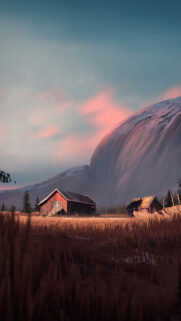 Stunning Nordic Farmhouse at Sunset with Majestic Mountain View Wallpaper