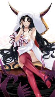 Stunning Anime Girl with Horns and Traditional White Attire High Quality Wallpaper