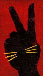 Minimalist Black Cat Peace Sign Illustration Red Background Wallpaper