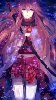 Sad Anime Girl with Sword and Falling Petals Aesthetic Mobile Wallpaper