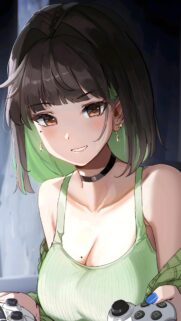 Anime Gamer Girl with Green Hair Highlights Aesthetic Phone Wallpaper