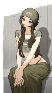 Aesthetic Anime Girl in Green Beanie and Headphones Phone Wallpaper