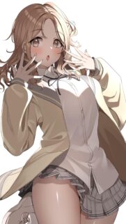 Cute Anime Girl with Wavy Brown Hair in School Uniform Mobile Wallpaper