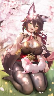 Beautiful Anime Fox Girl with Pink Spirit Animal Under Cherry Blossoms Wallpaper