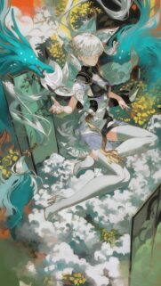 Ethereal Anime Girl with Flowing Silver Hair and Abstract Floral Background Wallpaper
