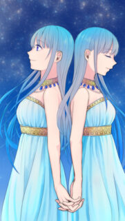 Anime Twin Girls in Blue Dresses Under Starry Sky Mobile Wallpaper