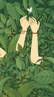 Aesthetic Hands Reaching for a Glowing Butterfly in Lush Green Forest Wallpaper