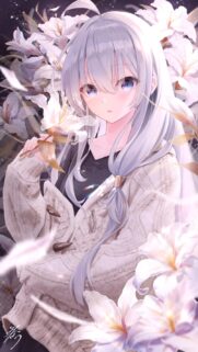 Anime Girl with Silver Hair and White Lilies Aesthetic Mobile Wallpaper