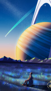 Stunning Space Exploration Wallpaper Featuring Person Sitting Under A Giant Saturn Ringed Planet