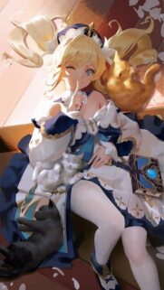 Barbara from Genshin Impact Relaxing with Cats Anime Wallpaper