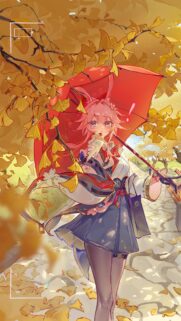 Anime Girl with Red Umbrella Under Golden Autumn Leaves Wallpaper