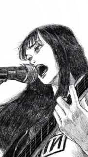 Stunning Black and White Sketch of a Female Musician Singing and Playing Guitar Mobile Wallpaper