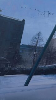 Melancholic Snowy Urban Scene with Birds Flying Over Soviet Style Buildings Mobile Wallpaper