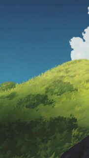 Anime Style Lush Green Hillside under Clear Blue Summer Sky Wallpaper